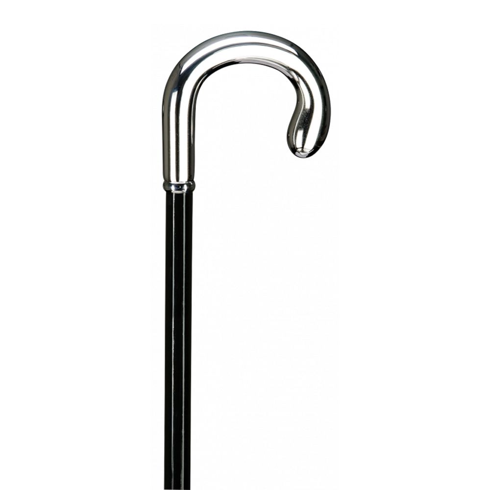 Gehstock mit verchromtem, rundem Haken. Schwarzer Schaft. Detailansicht vor weißem Hintergrund.