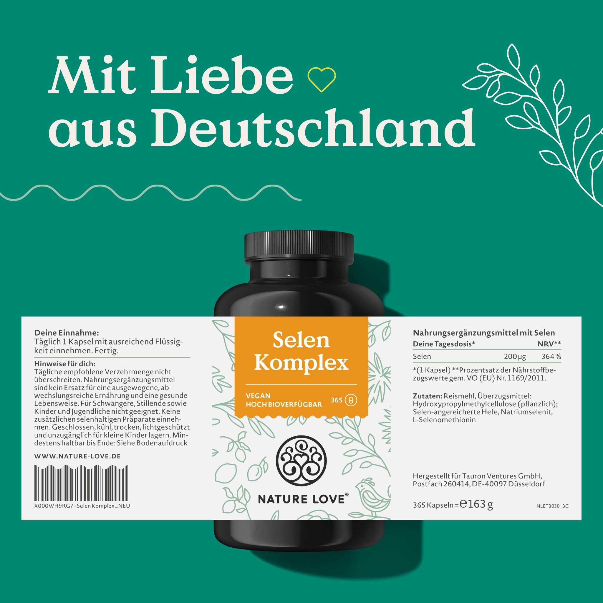 Nahrungsergänzungsmittel Selen Komplex. Schwarze Flasche mit Etikett. Text: 365 Kapseln, 163g, Inhaltsstoffe, NATURE LOVE®.