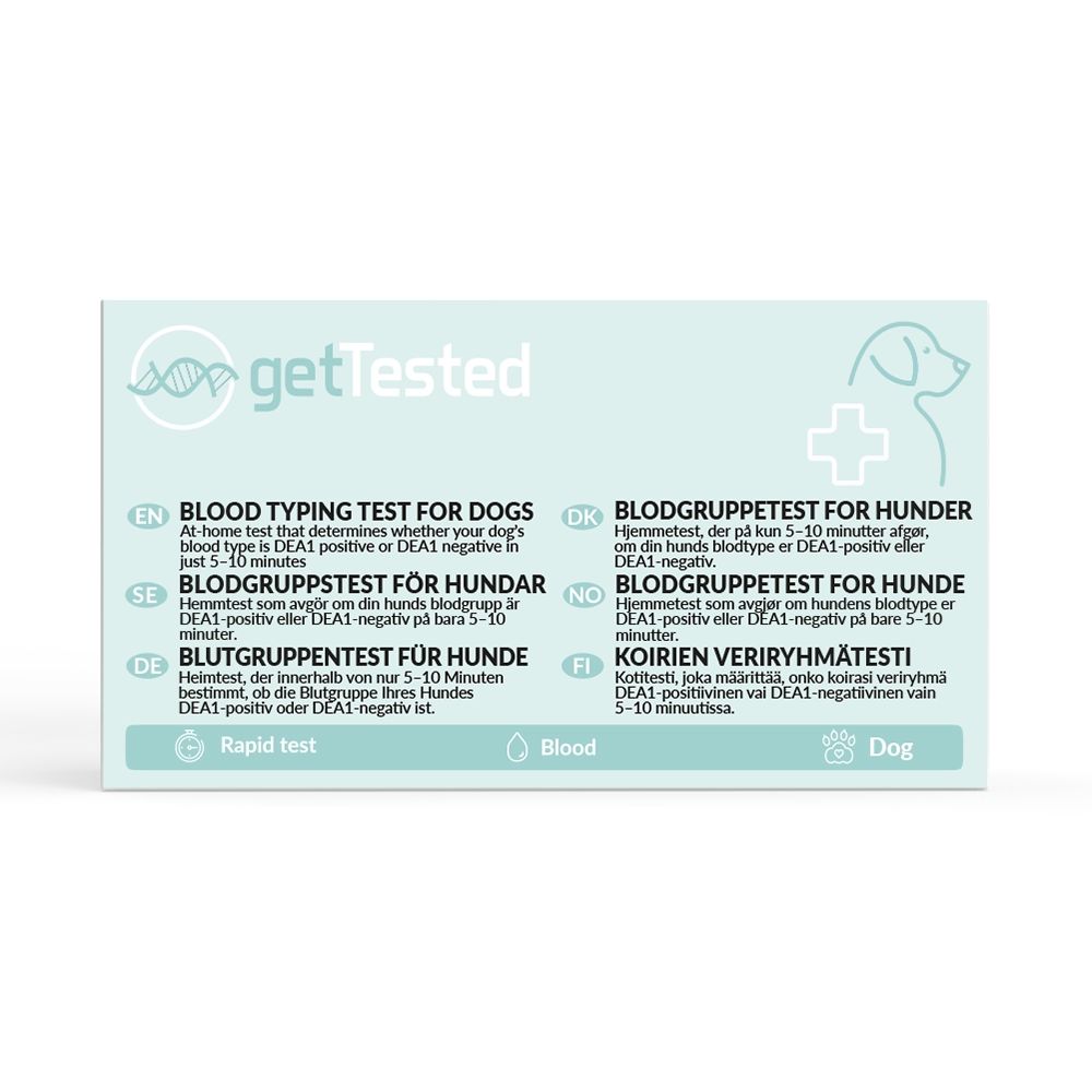 Blutgruppentest für Hunde. Karton mit Produktinformationen und Logo 'getTested'. Enthält Test- und Hunde-Symbol.