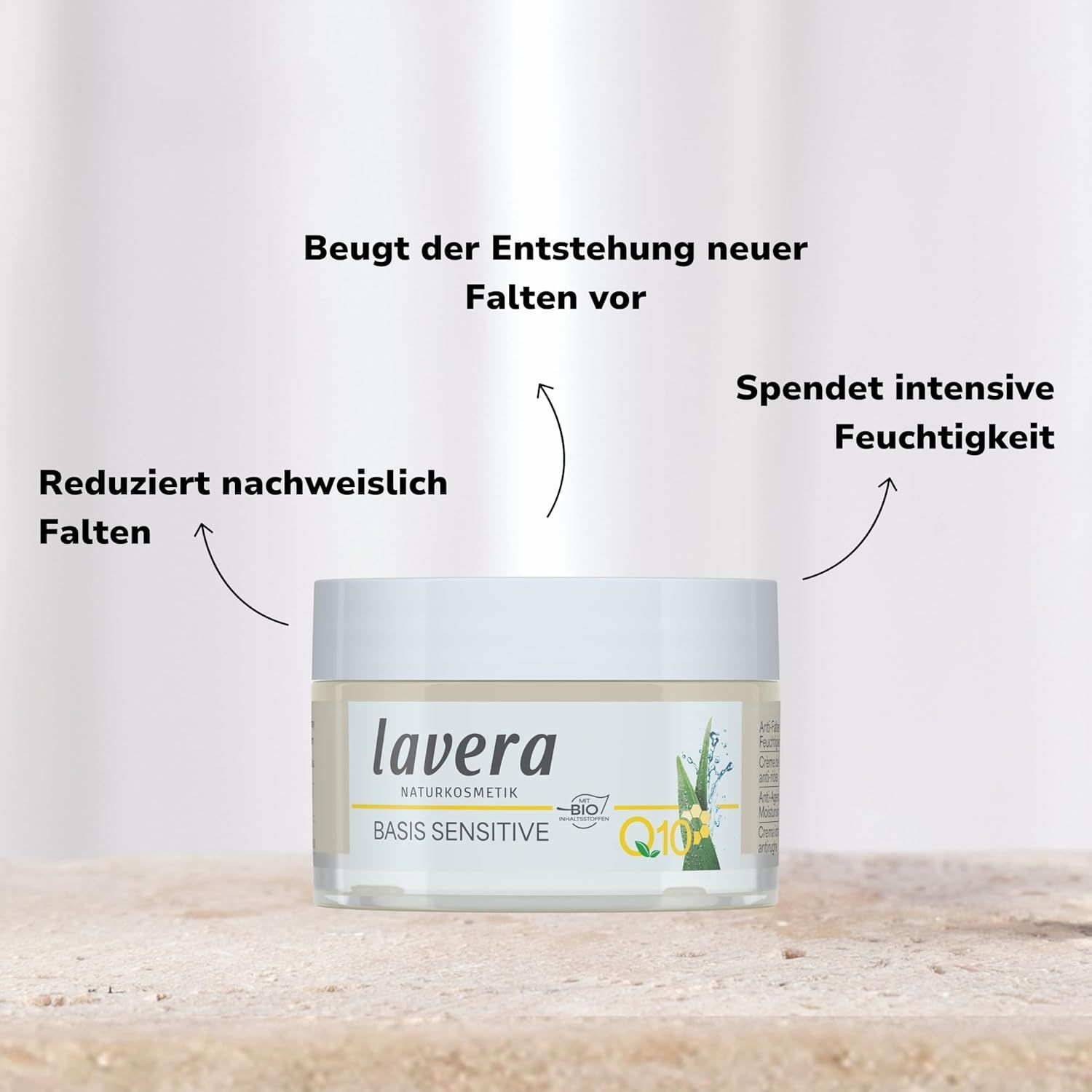 Creme-Glas mit Text: "lavera NATURKOSMETIK BASIS SENSITIVE Q10". Pfeile zeigen auf Text: "Reduziert Falten", "Spendet Feuchtigkeit", "Beugt Falten vor".