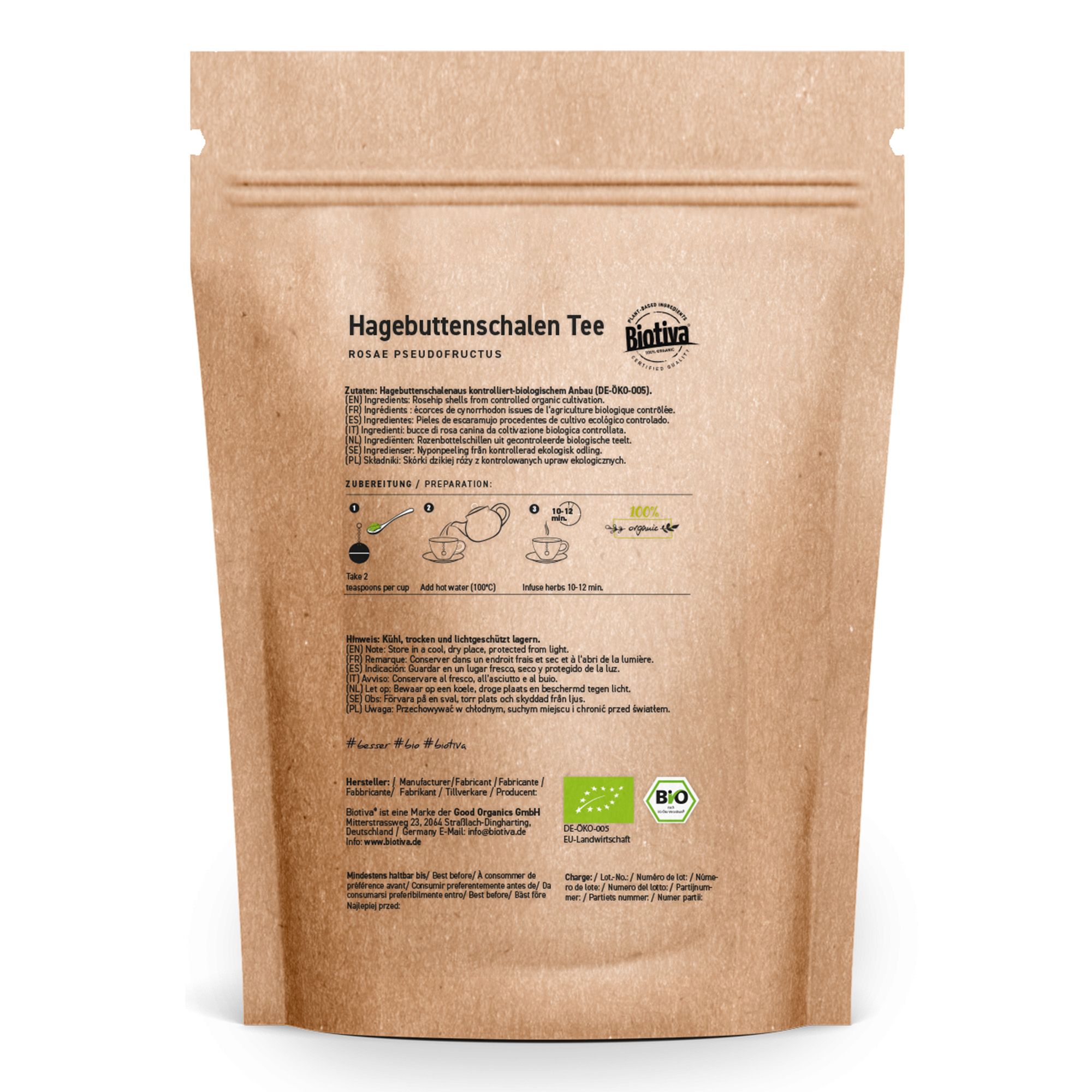 Braune Papierverpackung mit Aufdruck. Text: Hagebuttenschalen Tee, Biotiva Logo, Zubereitungshinweise, Bio-Siegel.