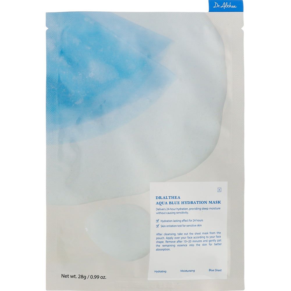 Verpackung der Dr. Althea Aqua Blue Hydration Mask. Transparente Verpackung mit blauem Maskeninhalt. Text.