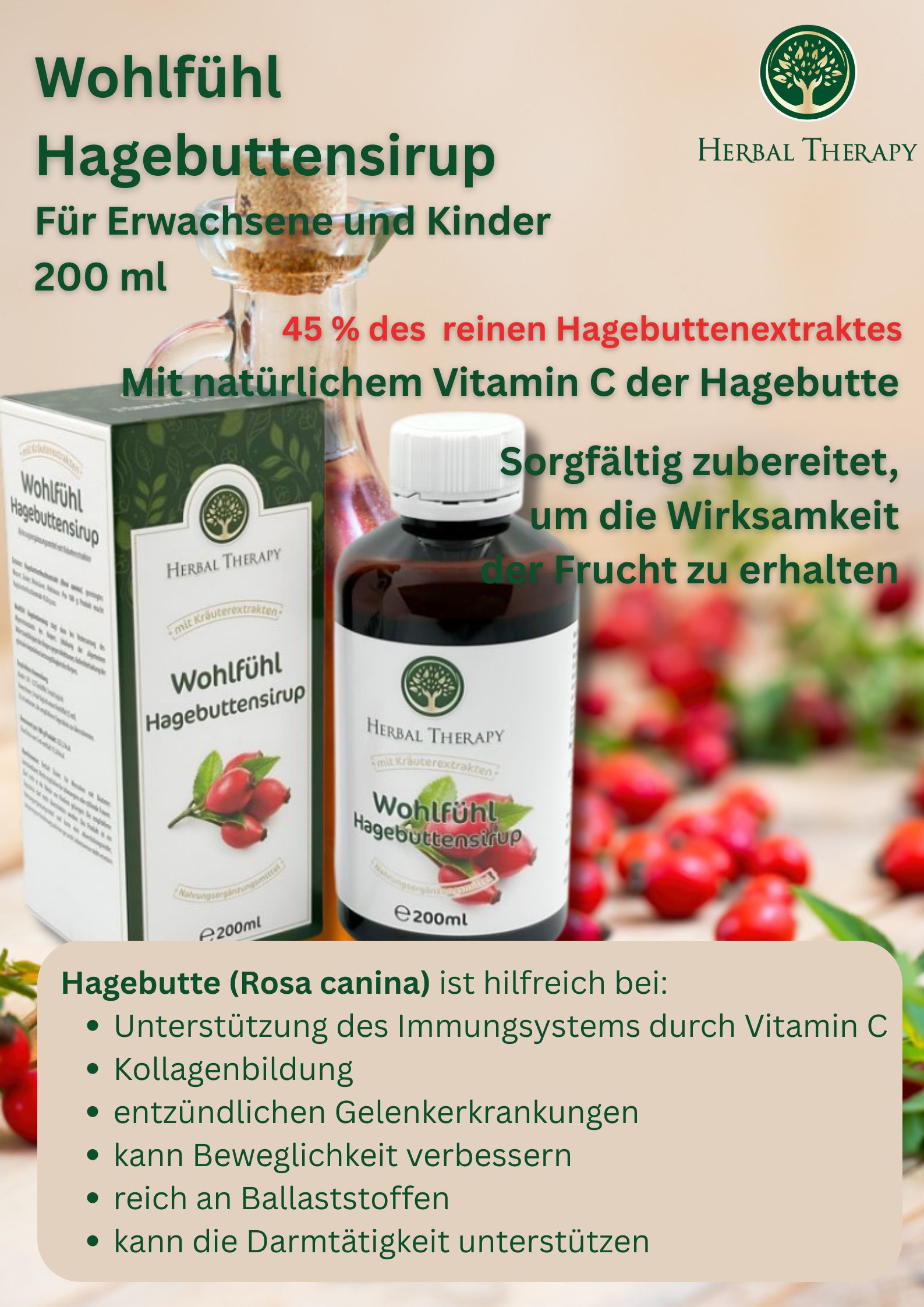 Flasche und Schachtel mit Produktaufschrift Wohlfühl Hagebuttensirup. Aufschrift Herbal Therapy. Zusätzliche Informationen und Hagebutten.