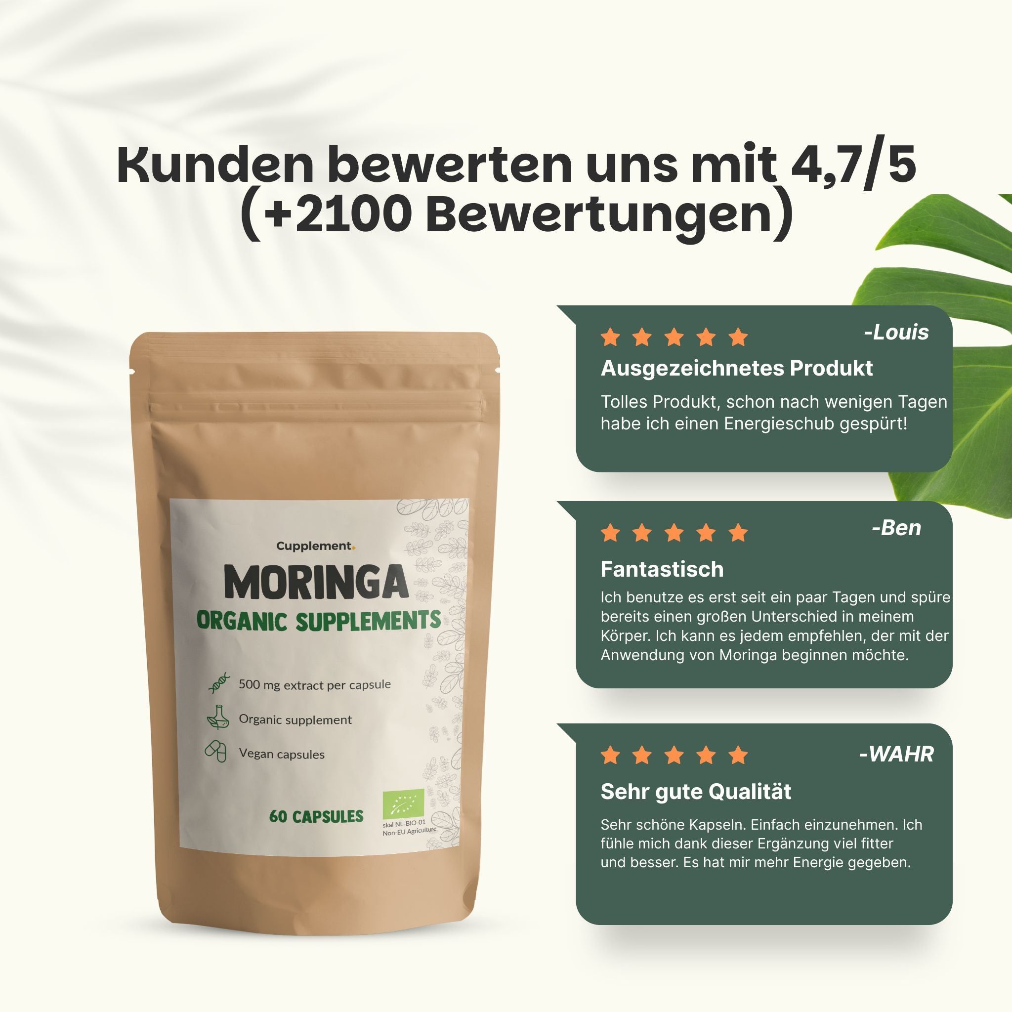Vergleich: Cupplement Moringa Kapseln vs. andere Anbieter. Kraftbeutel, Bio, vegan, EU-Verpackung.
