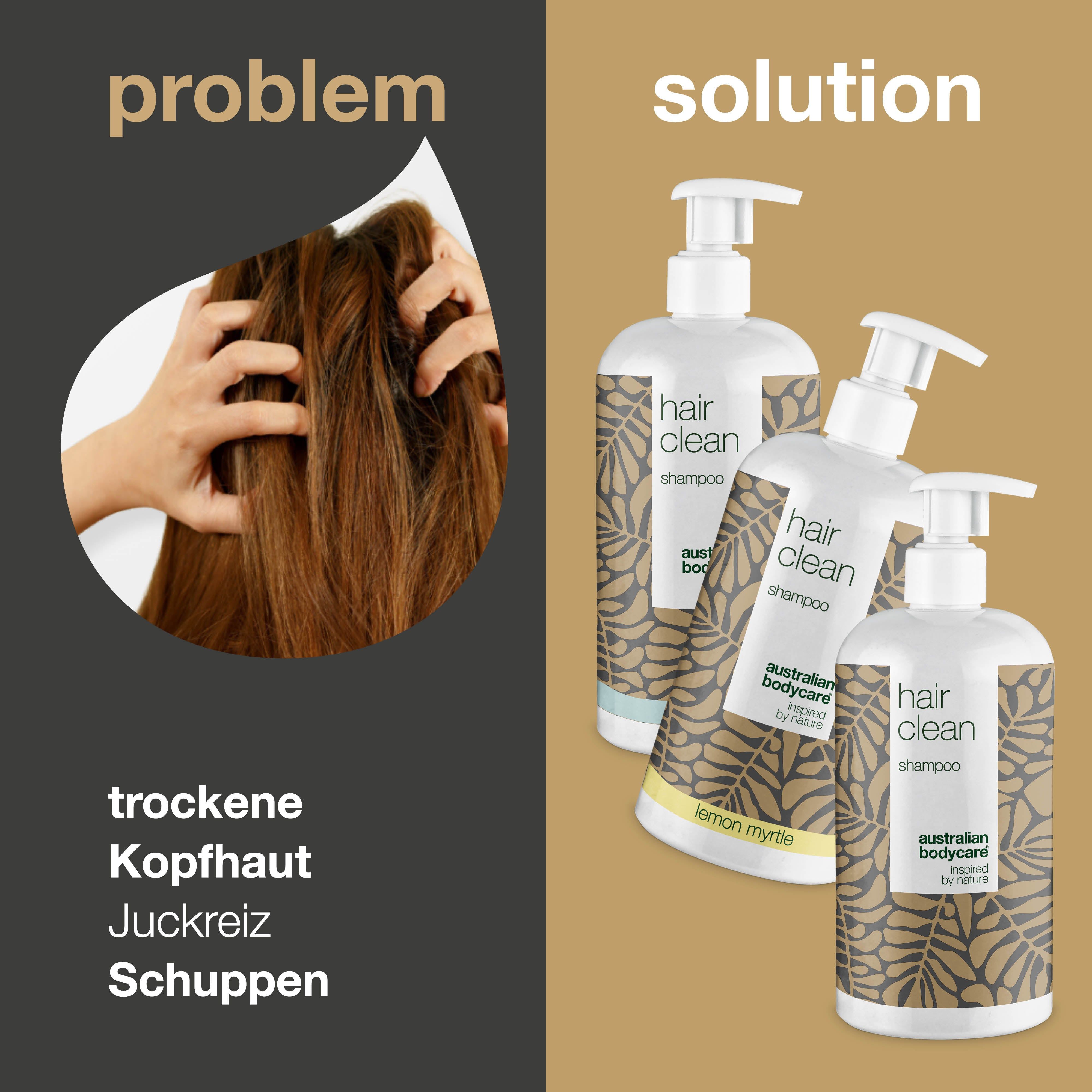 Haar mit trockener Kopfhaut, Juckreiz und Schuppen. Daneben drei Shampooflaschen: Hair Clean Shampoo.