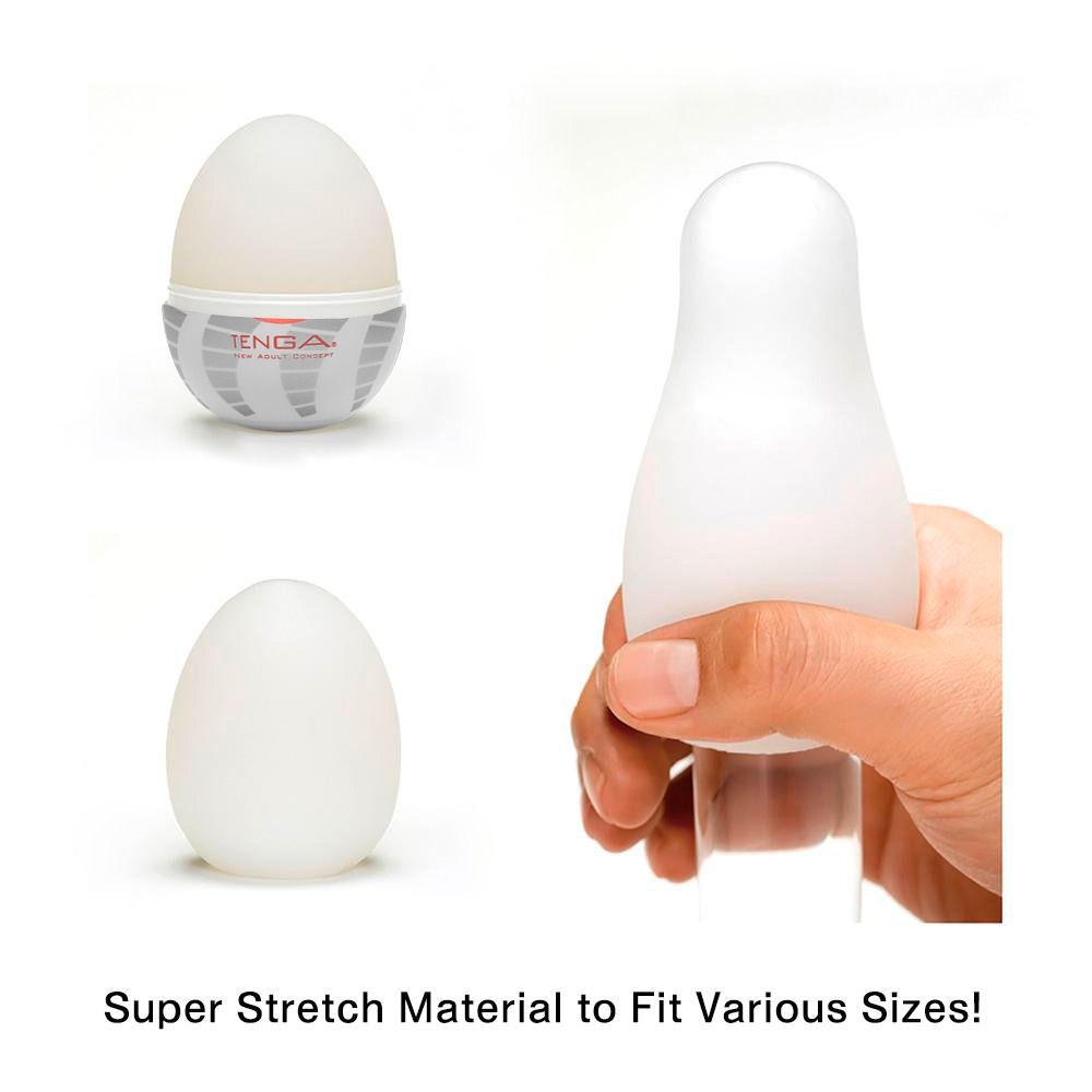 Drei Produkte: ein Ei mit Verpackung, ein loses Ei und ein Produkt in Hand. Text: "Super Stretch Material to Fit Various Sizes!"