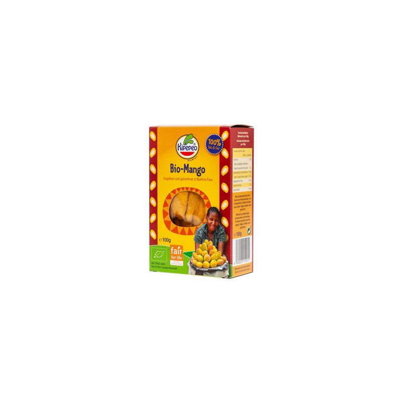 Verpackung von getrockneten Bio-Mangos. Aufschrift: Kipepeo, Bio-Mango, 100g. Mit Fairtrade-Siegel.