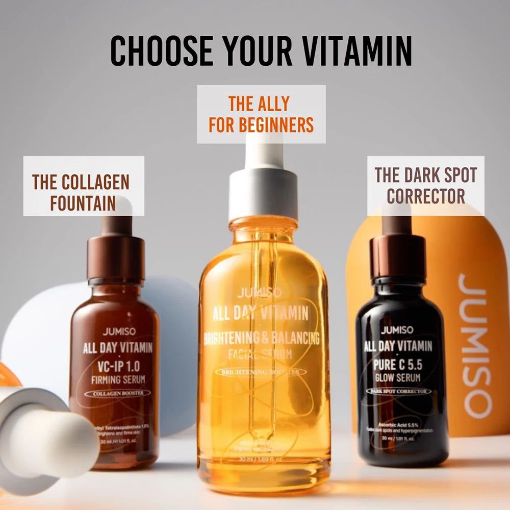 Drei JUMISO Vitamin Seren: VC-IP 1.0 Firming Serum, Brightening & Balancing Serum, Pure C 5.5 Glow Serum.
