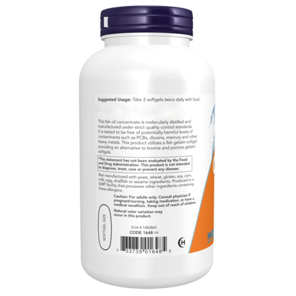 Rückseite der Dose Now Foods Omega-3 Fischöl 1000mg. Enthält Anwendungshinweise und Warnungen.