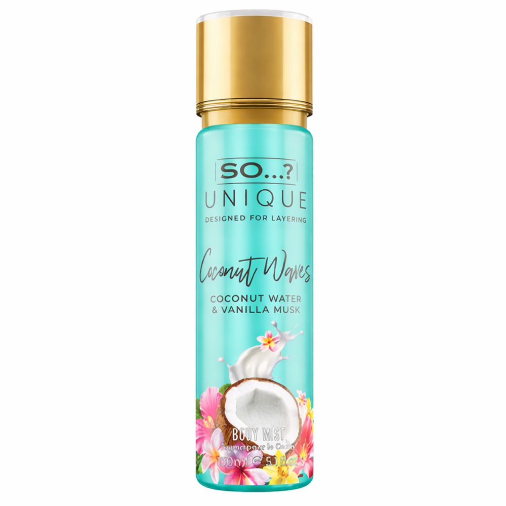 Türkisgrüne Sprühflasche mit goldener Kappe. Aufschrift: So Unique, Coconut Waves. Kokosnuss- und Blumen-Dekoration.