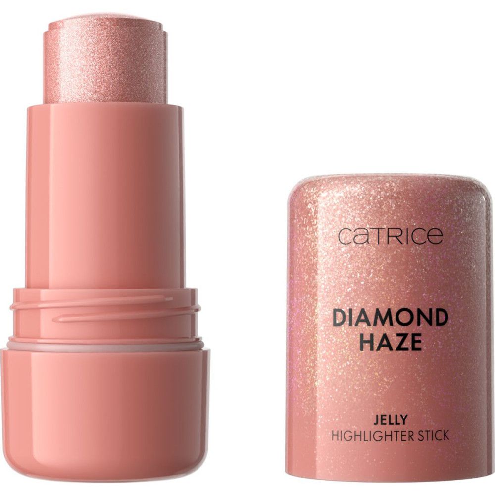 Rosa Highlighter-Stick. Geöffnet, mit Produkt und Kappe. Auf der Kappe steht "Catrice", "Diamond Haze" und "Jelly Highlighter Stick".