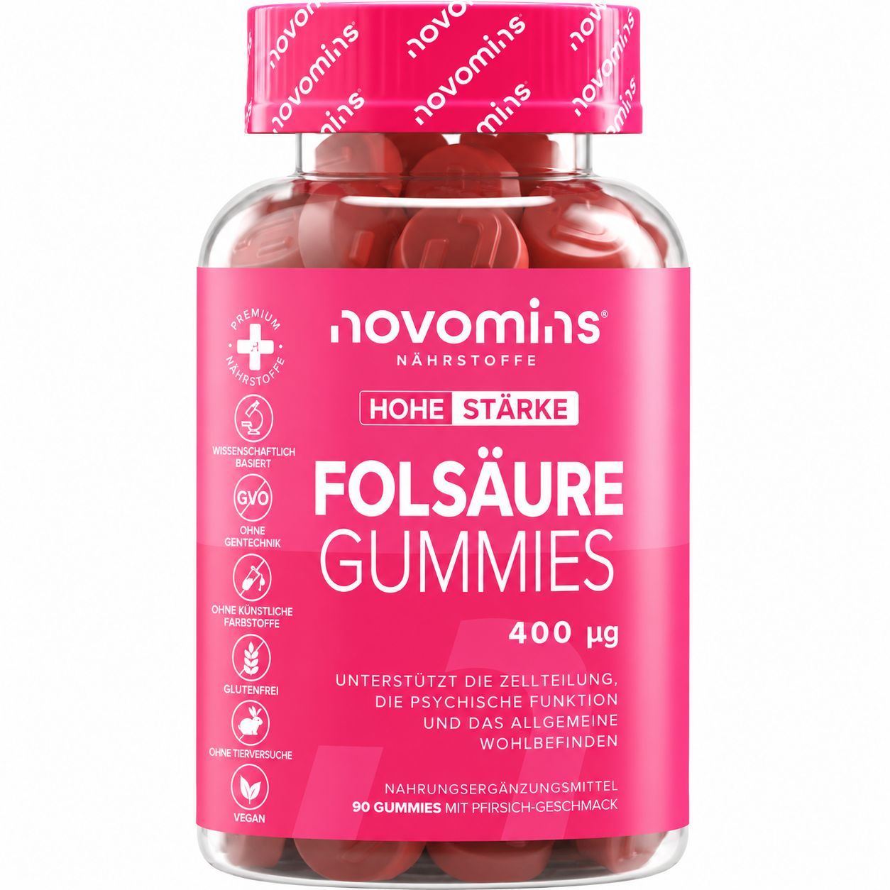 Folat-Gummis mit 400 µg Folsäure pro Portion, in einem rosa Etikett mit Novomins-Logo.