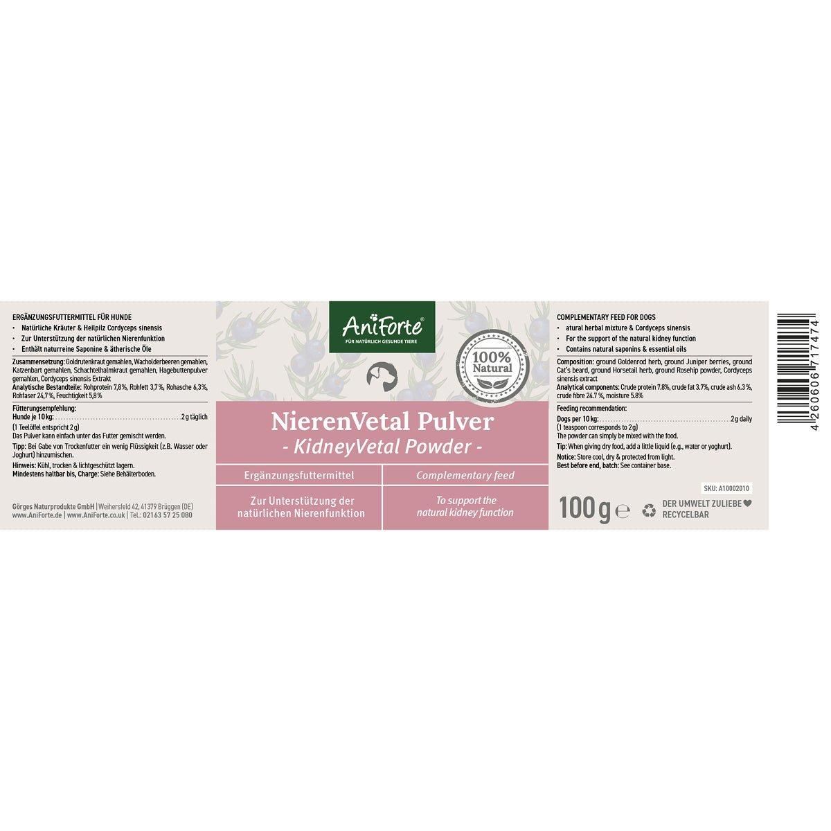 Etikett mit Text: NierenVetal Pulver - KidneyVetal Powder - Ergänzungsfuttermittel. 100g. Zusammensetzung, Fütterungsempfehlung.