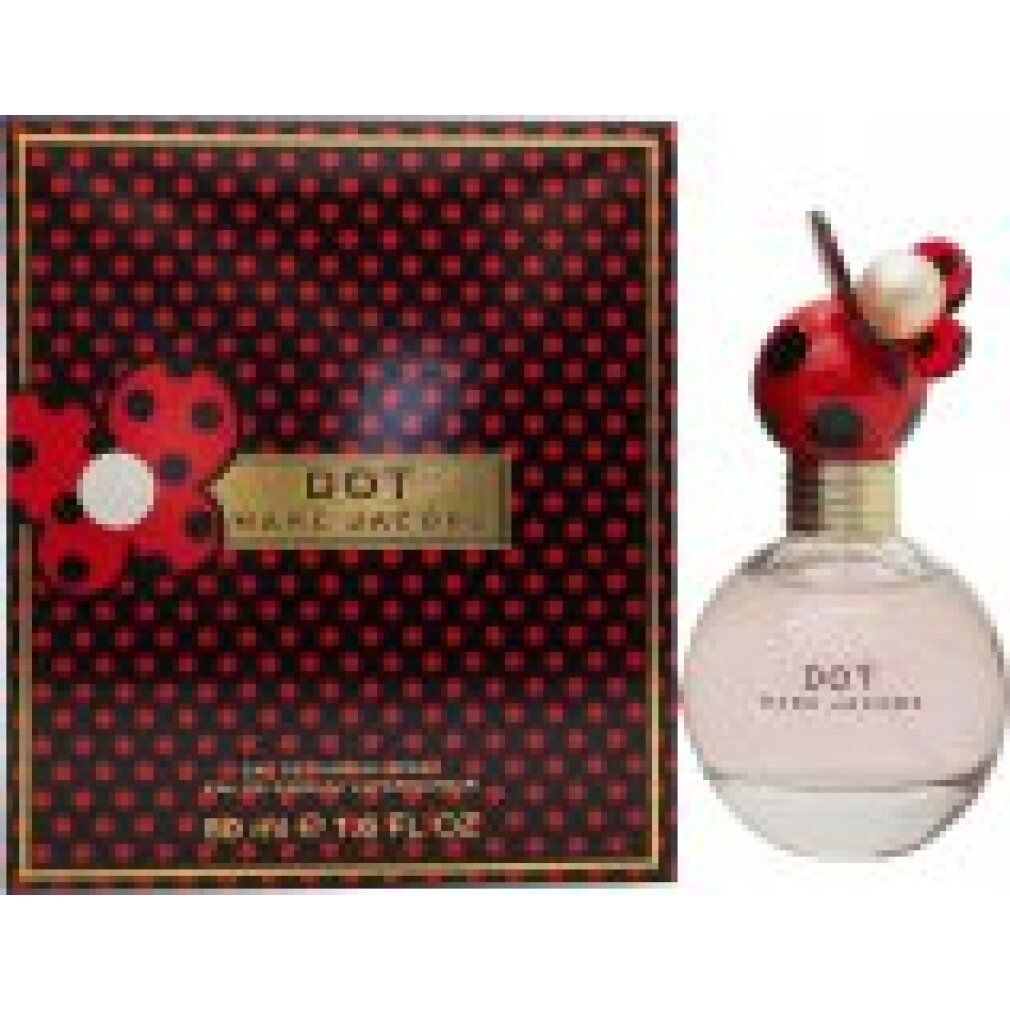 Runder Flakon mit rotem Deckel und Blumenmotiv. Aufschrift: DOT MARC JACOBS. Verpackung mit Punktmuster.