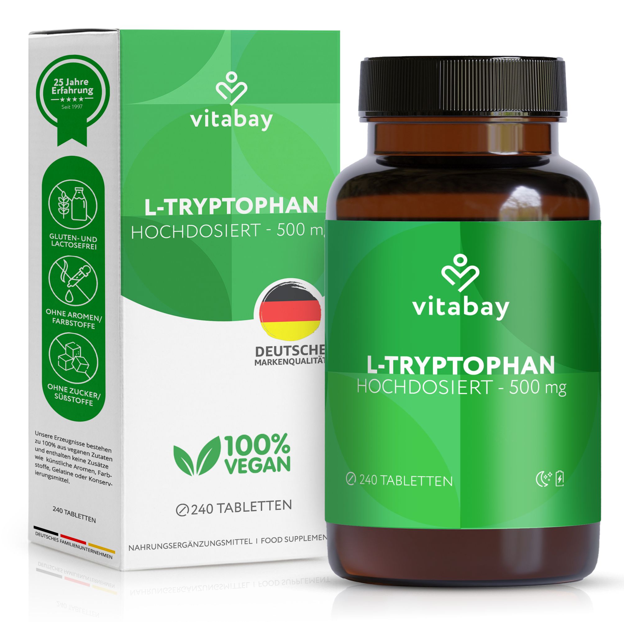 L-Tryptophan 500 mg Flasche und Verpackung. Logo von Vitabay. Text: 240 Tabletten. Zertifizierungen.