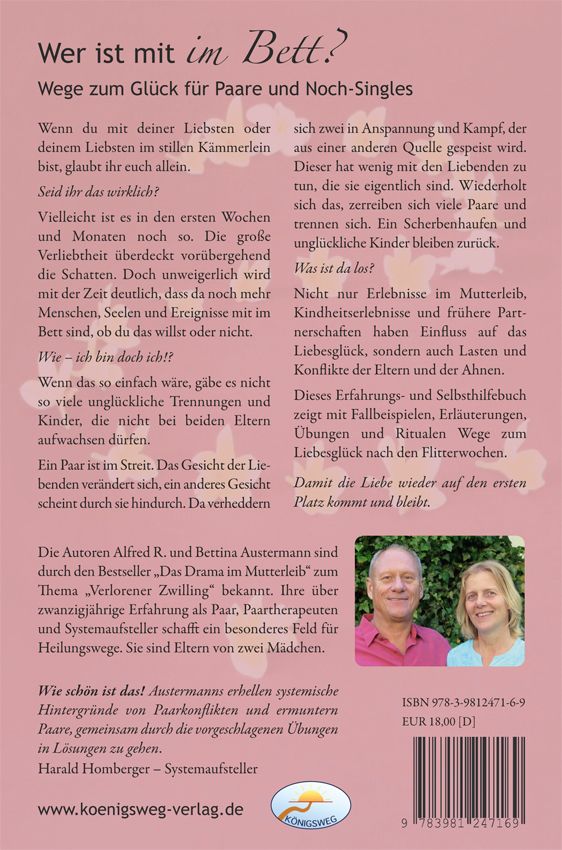 Rückseite des Buches "Wer ist mit im Bett?". Text, Autorenfotos, ISBN und Verlagslogo. Hintergrund rosa.