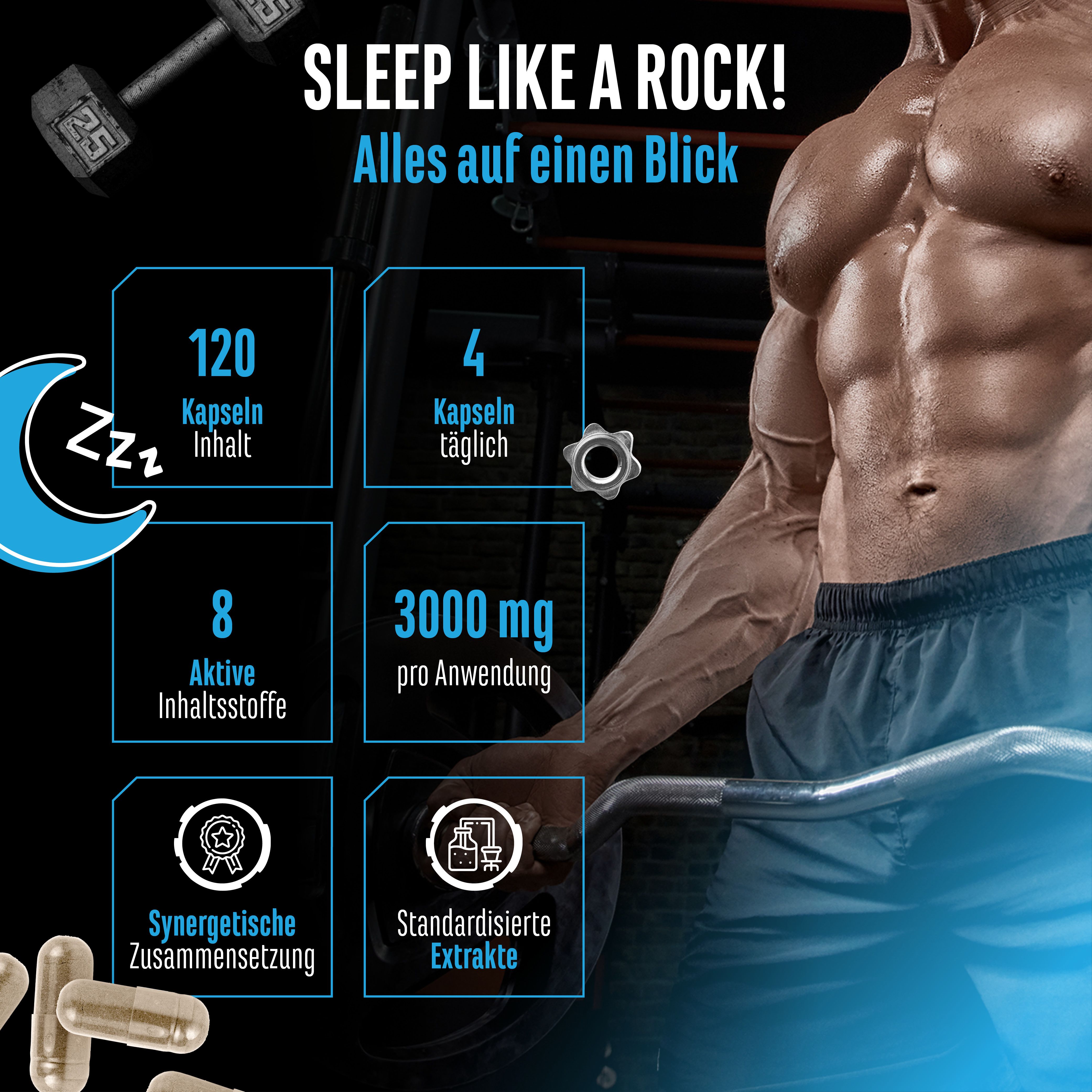 Infografik mit Informationen zu GEN Knockout. 120 Kapseln, 4 Kapseln täglich, 8 Inhaltsstoffe, 3000 mg pro Anwendung. Muskelmann im Hintergrund.