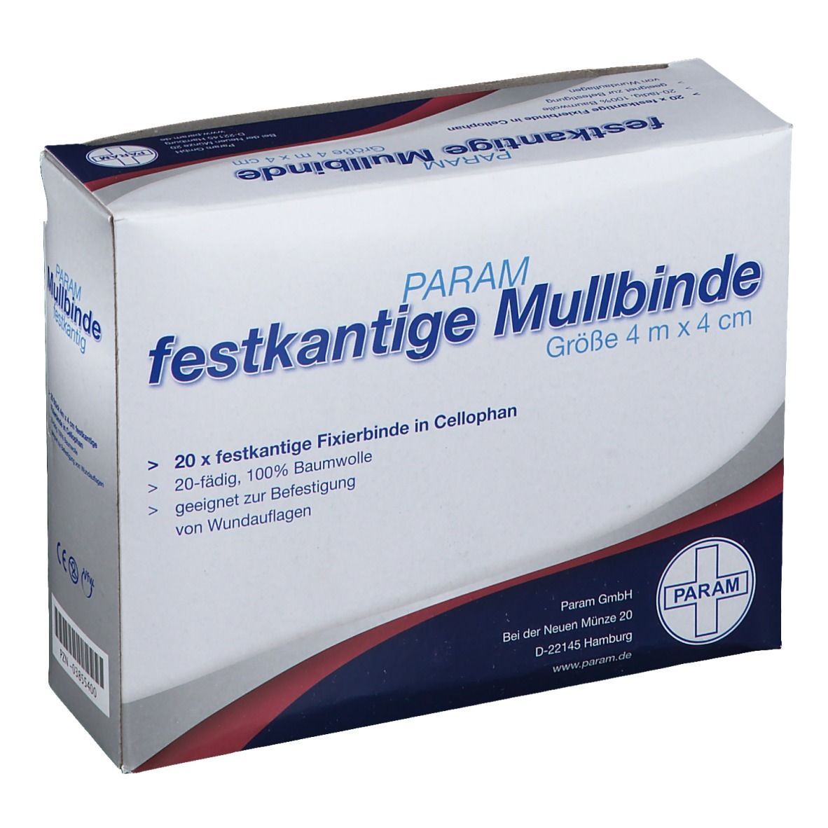 PARAM Mullbinde, festkantige Fixierbinde in Cellophan, Größe 4 m x 4 cm. Verpackung mit 20 Stück. 100% Baumwolle.