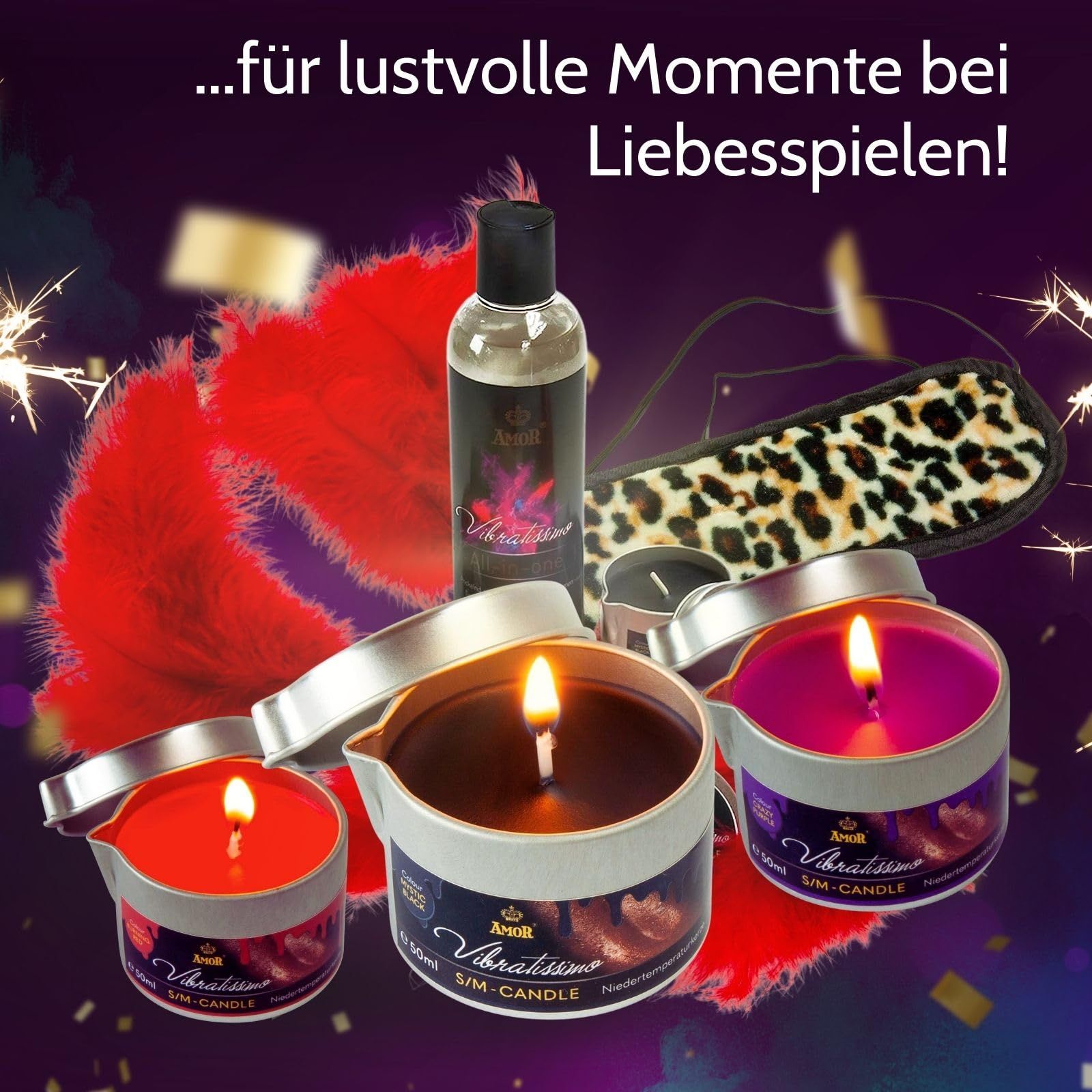 Drei Vibratissimo S/M Kerzen in Dosen: Rot, Dunkelrot, Lila.