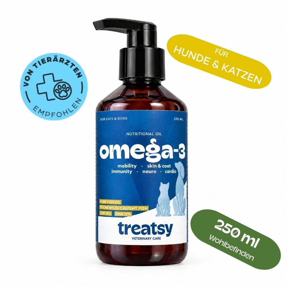 Flasche mit Omega-3-Öl für Hunde & Katzen, 250 ml, mit Pumpdosierer.