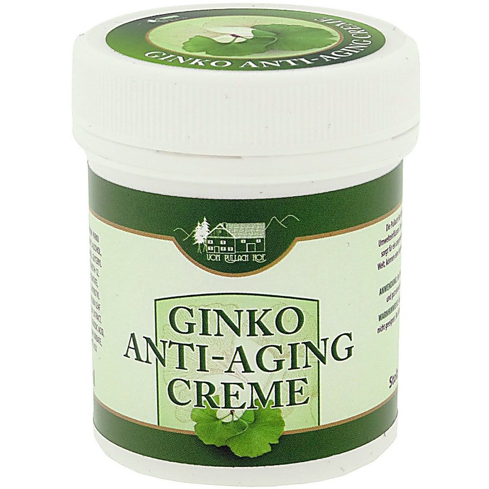 Vom Pullach Hof Ginko Anti-Aging Creme in einem weißen Tiegel mit grüner Beschriftung und Ginkoblättern.
