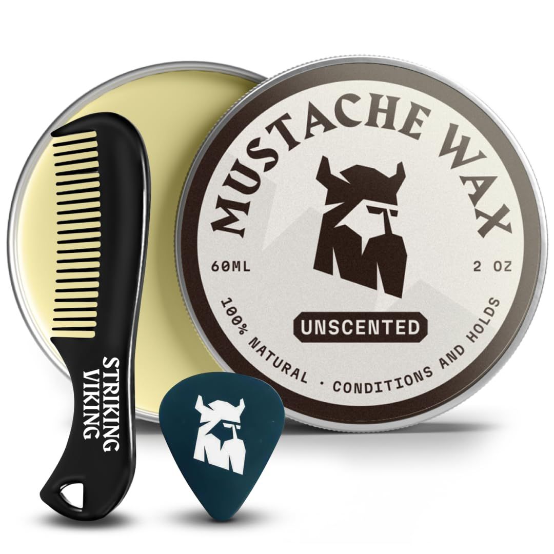 Bartwachs-Dose, Kamm und Plektrum. Dose mit Aufschrift "Mustache Wax", "Unscented". Kamm mit "Striking Viking" Schriftzug.