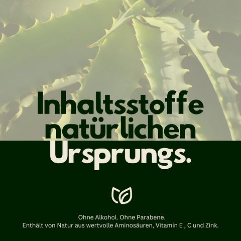 Grüner Hintergrund mit Aloe Vera Blättern. Text: Inhaltsstoffe natürlichen Ursprungs. Ohne Alkohol, Parabene. Enthält Aminosäuren, Vitamine.