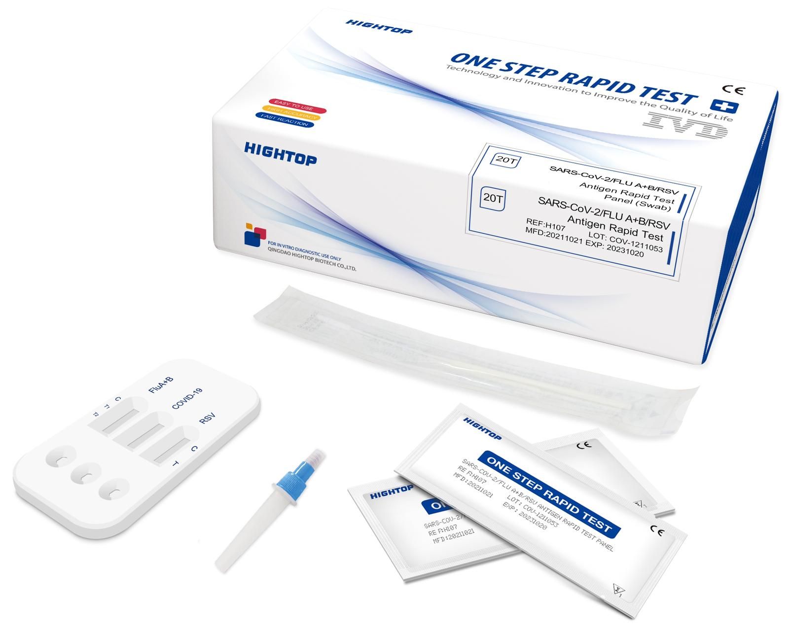 HIGHTOP-Testkit mit Teststreifen, Tupfer und Verpackungen. Aufschrift: ONE STEP RAPID TEST. Komponenten für den Schnelltest.
