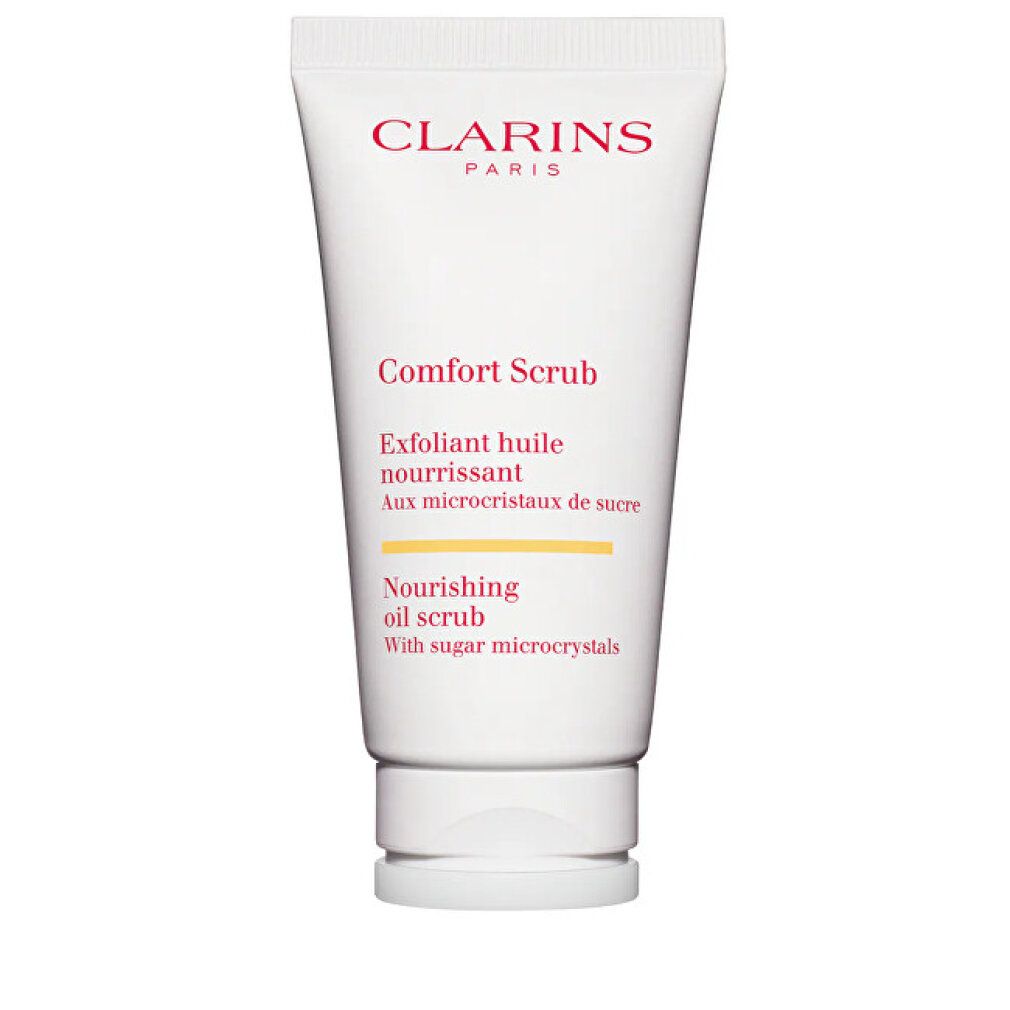 Weiße Tube mit roter Schrift. Oben: Clarins Paris. Mitte: Comfort Scrub. Unten: Nourishing oil scrub.