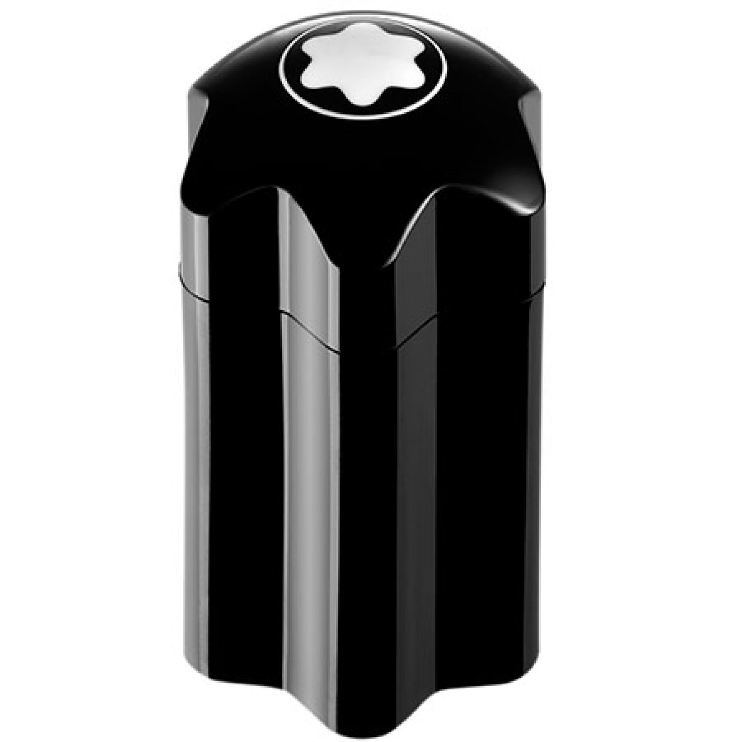 Schwarzer Flakon mit weißem Logo. Zylindrische Form mit geriffelter Oberfläche. Oberseite mit Stern-Logo.