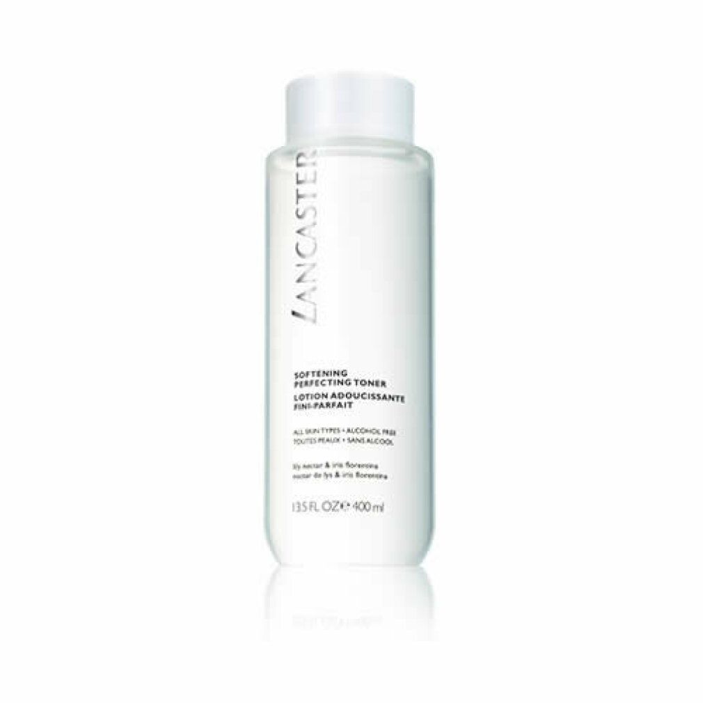 Weiße, zylindrische Flasche mit weißem Deckel. Aufschrift: Lancaster, Softening Perfecting Toner, 13.5 FL OZ, 400 ml.