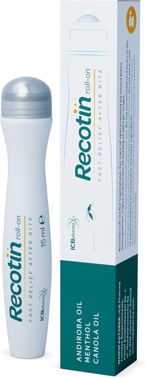 Roll-on-Flasche und Verpackung. Produktname: Recotin roll-on. Enthält Andirobaöl, Menthol und Canolaöl. Herstelleradresse.
