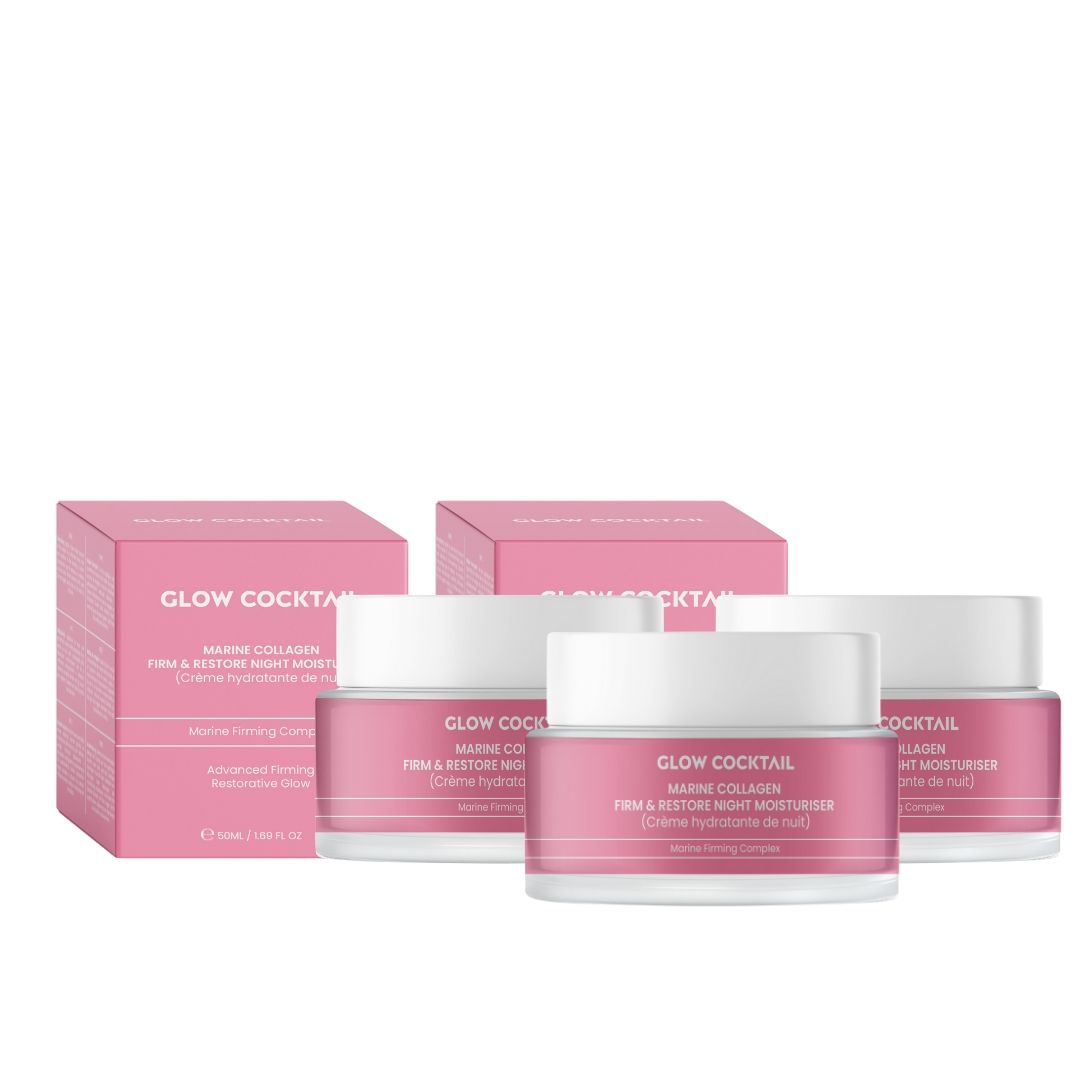 Drei Tiegel und zwei Schachteln. Rosa Tiegel mit weißem Deckel. Aufschrift: Glow Cocktail Marine Collagen.