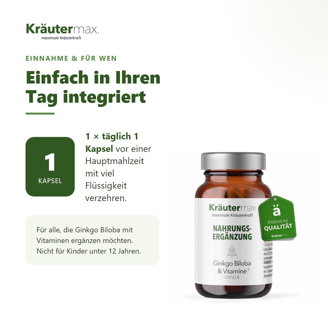 Anwendungshinweis: 1 Kapsel täglich. Kräutermax Ginkgo Biloba & Vitamine+ Kapseln in brauner Flasche.