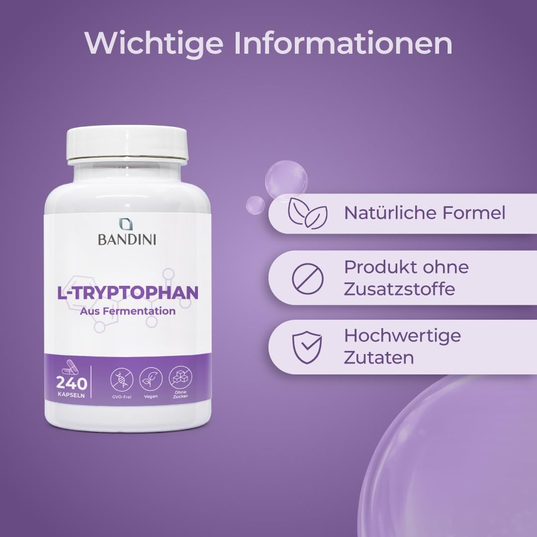 Flasche mit L-Tryptophan Kapseln, 240 Stück, GVO-frei, vegan, ohne Zucker.