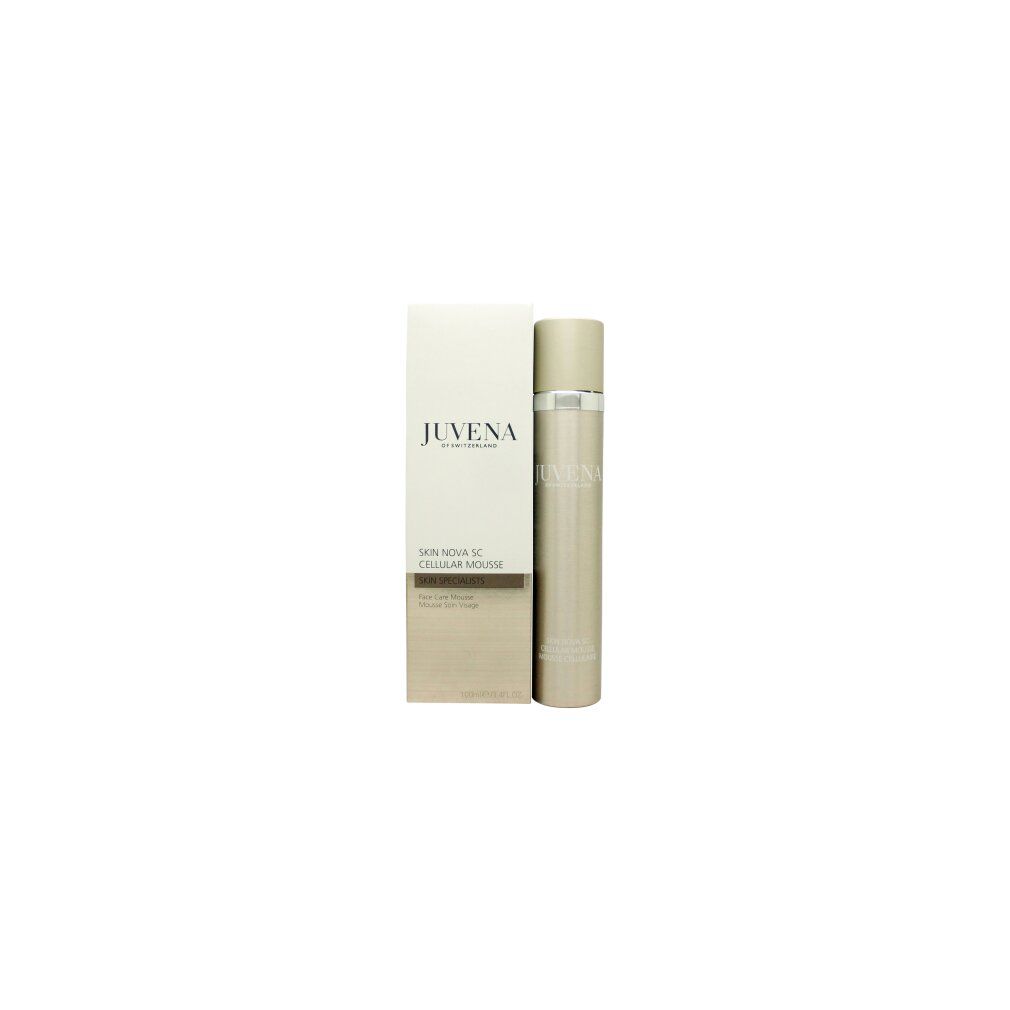 Produktflasche und Verpackung. Aufschrift: Juvena. Text: Skin Nova SC Cellular Mousse. Farbe: Beige.