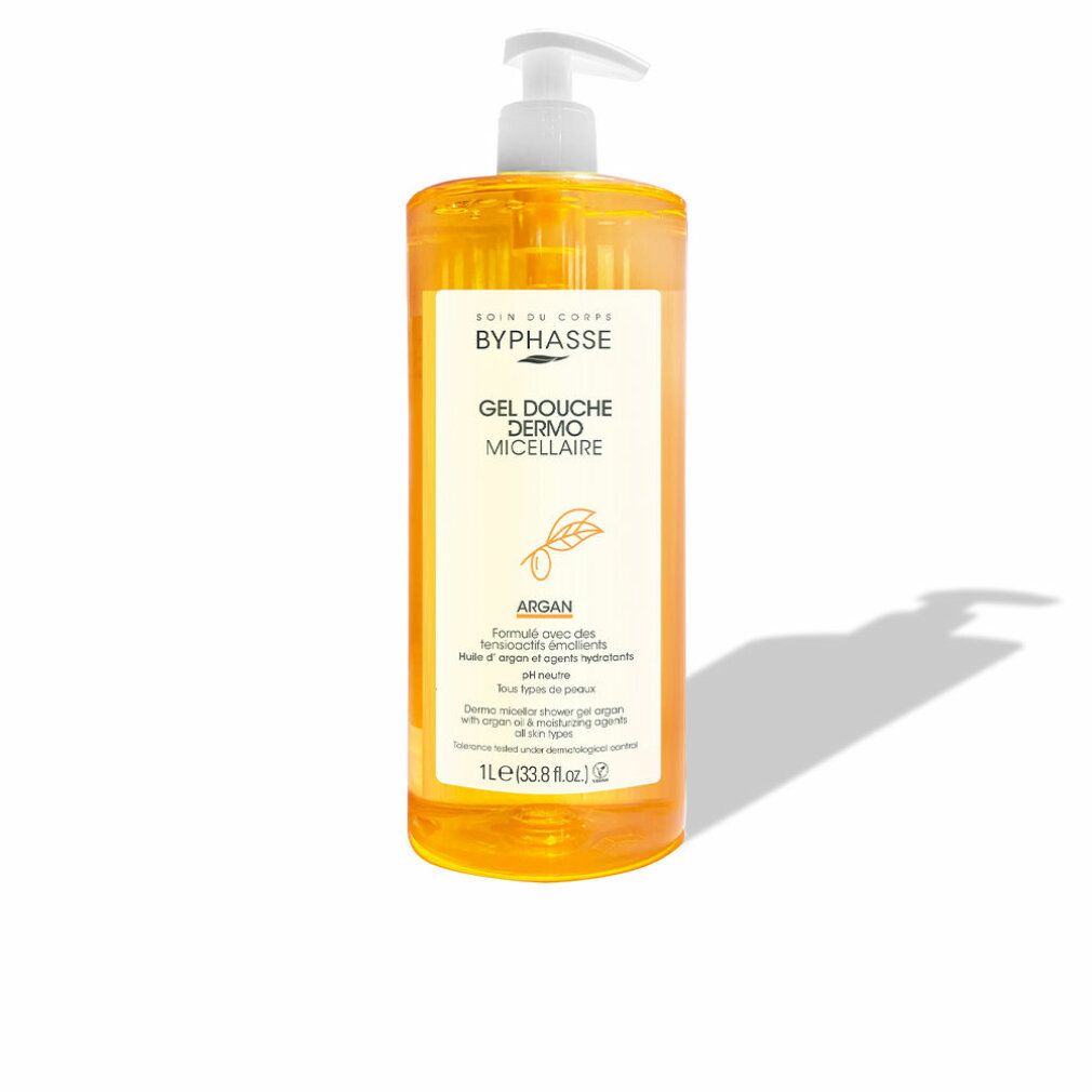 Gel Douche Micellaire Argán Flasche mit Dosierpumpe. Gelbliche Flüssigkeit. Beschriftung mit Produktnamen und Inhaltsstoffen.