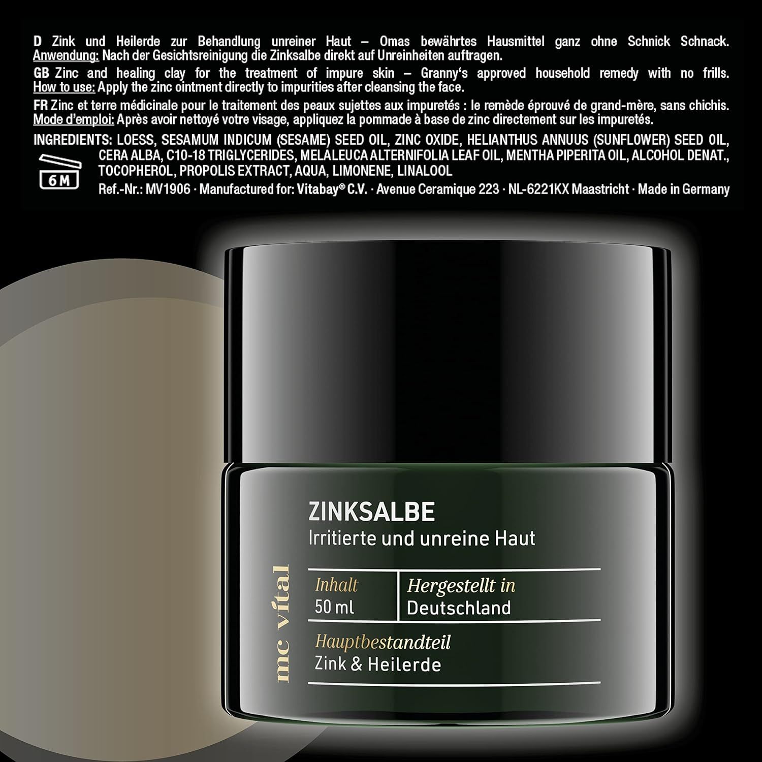 Dose Zinksalbe, schwarzer Deckel, grüne Schrift. Aufschrift: Zinksalbe, irritierte und unreine Haut. Inhalt 50 ml. Hauptbestandteil: Zink & Heilerde.