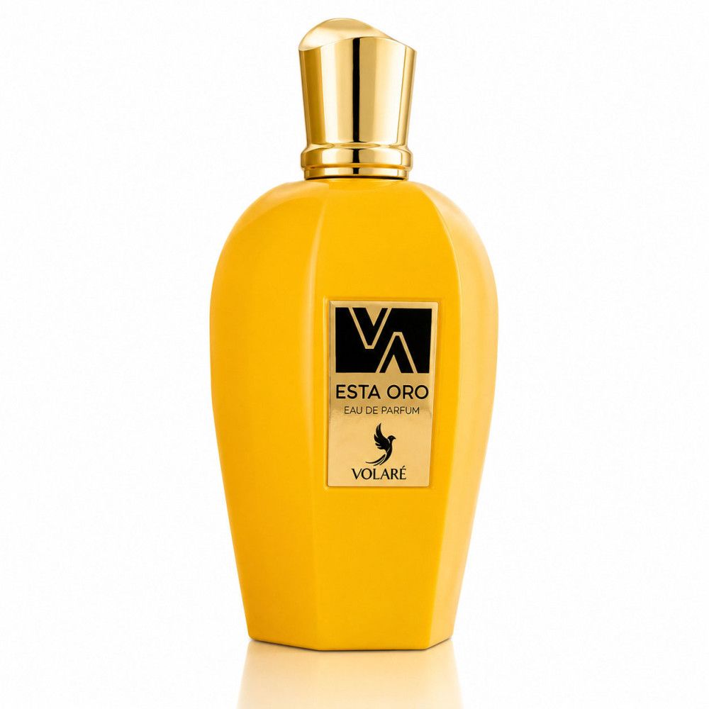 Gelbe Eau de Parfum Flasche 'Esta Oro' von Volaré mit goldenem Verschluss.