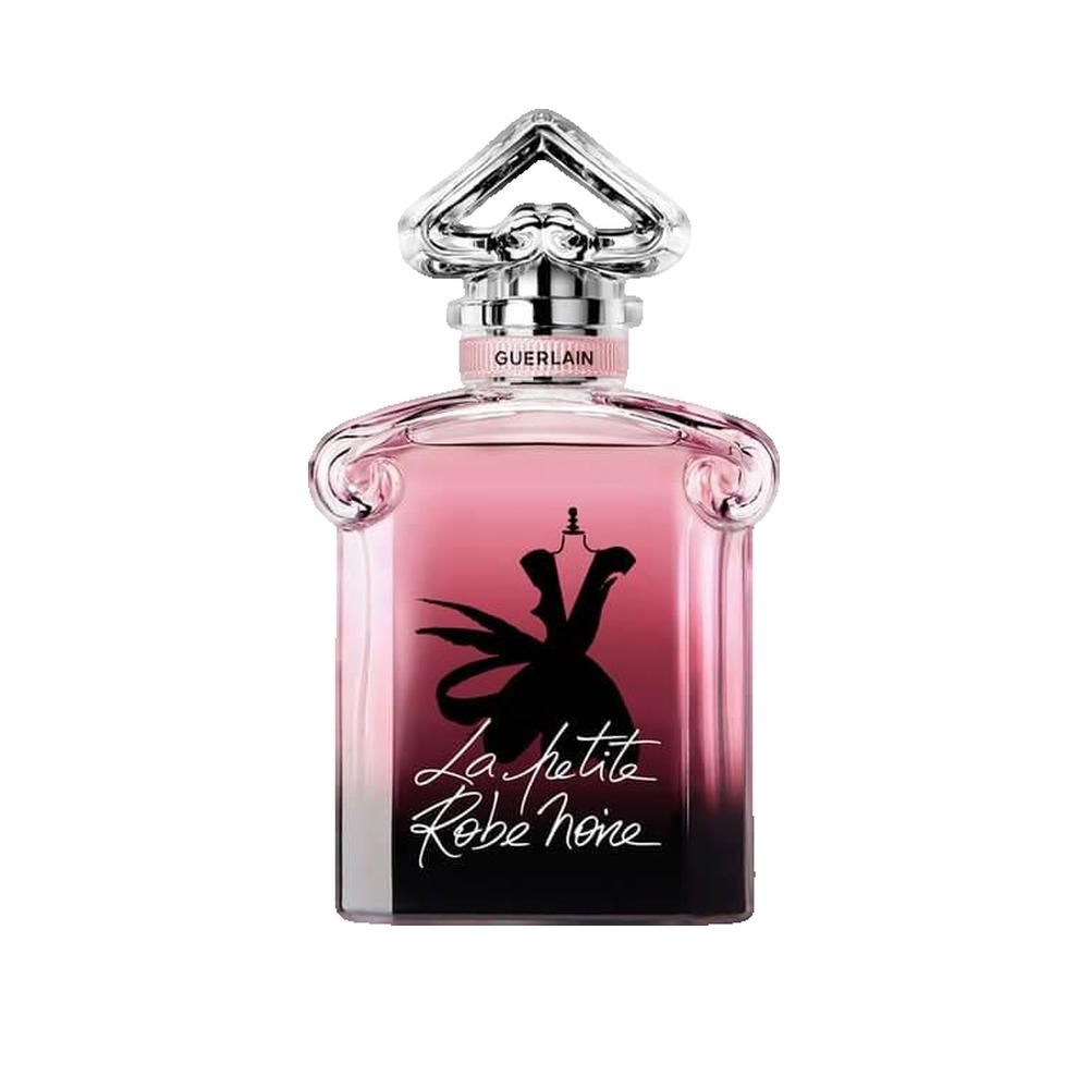 Flakon mit rosa Flüssigkeit. Schwarze Zeichnung eines Kleides. Schriftzug: La petite Robe noire. Guerlain-Logo.