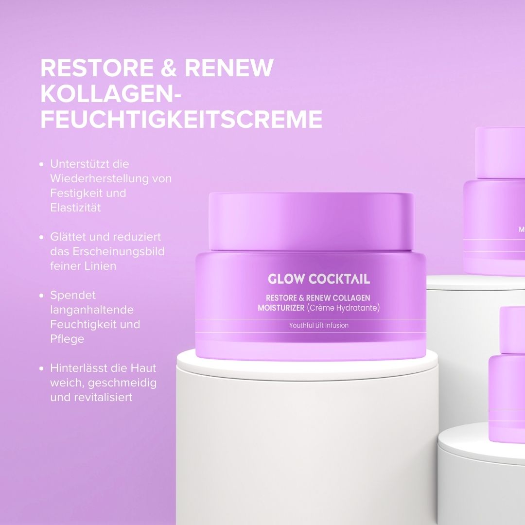 Lila Tiegel auf Podest. Aufschrift: Glow Cocktail, Restore & Renew Collagen Moisturizer (Crème Hydratante). Text daneben.