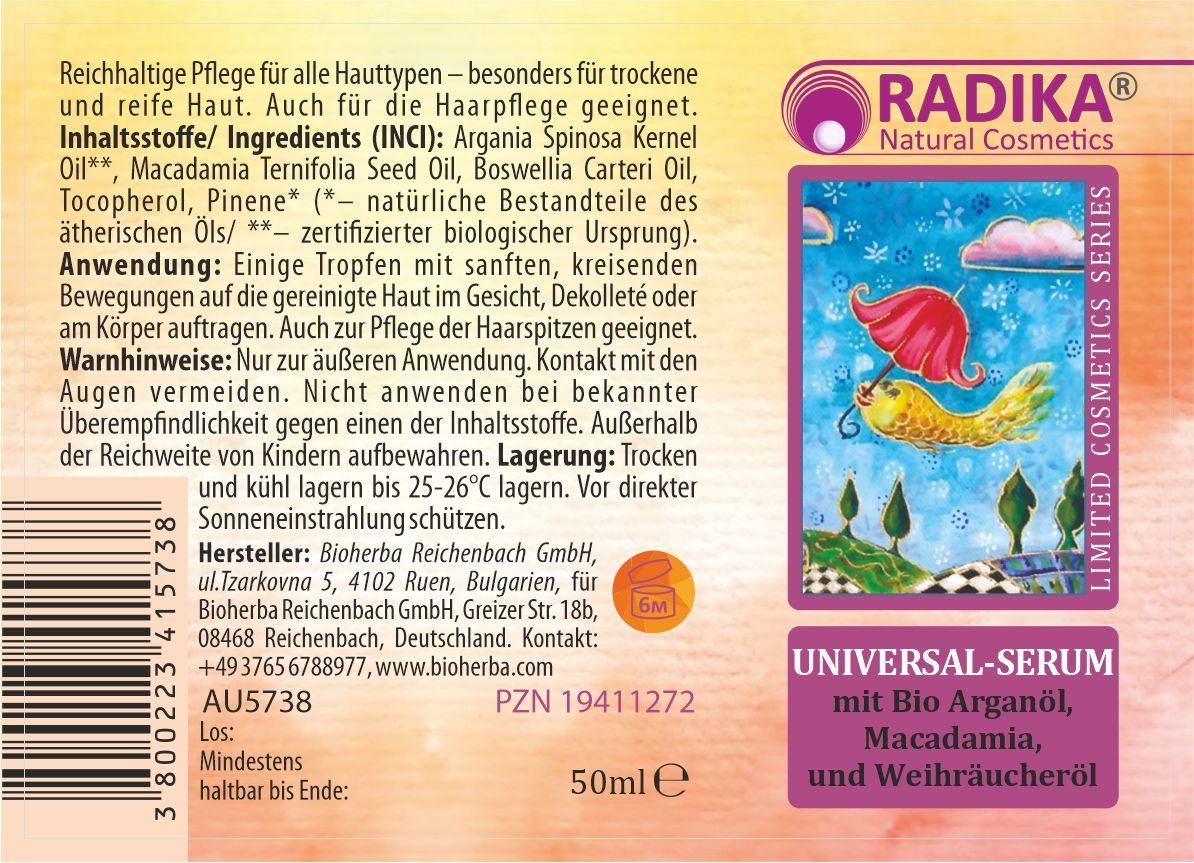 Etikett mit Produktinformationen und Illustration. "RADIKA"-Logo. Text: "UNIVERSAL-SERUM mit Bio Arganöl..." und "50ml".