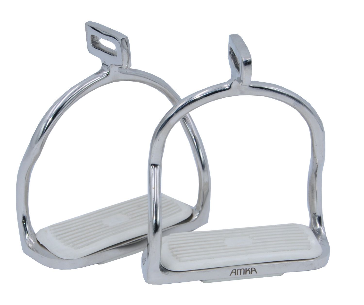 Zwei silberfarbene Steigbügel mit weißen Trittflächen. Marke: AMKA.