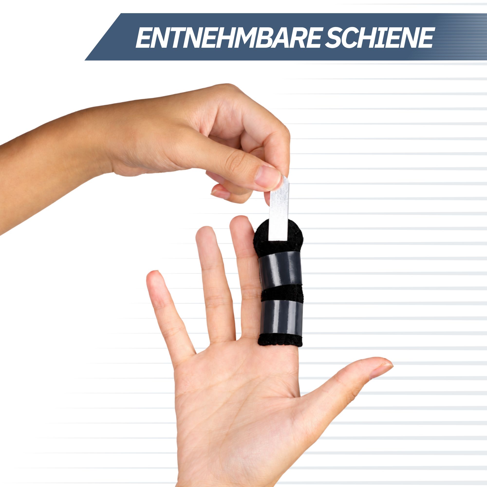 Abnehmbare Schiene für einen Finger, gehalten von zwei Klettbändern.