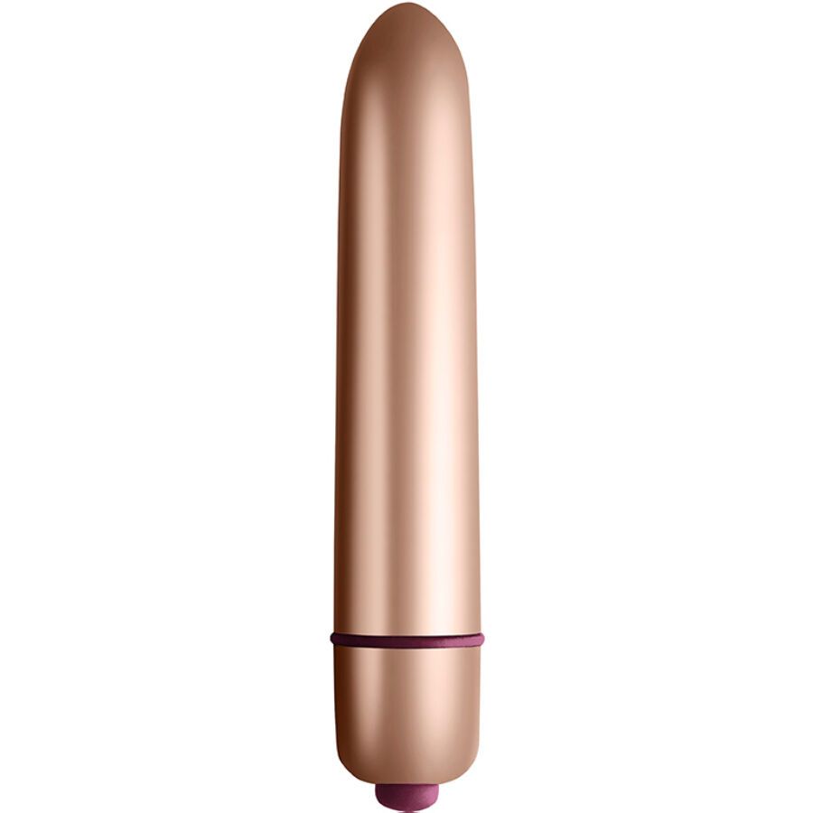 Goldfarbener Vibrator mit abgerundeter Spitze und lila Akzenten.