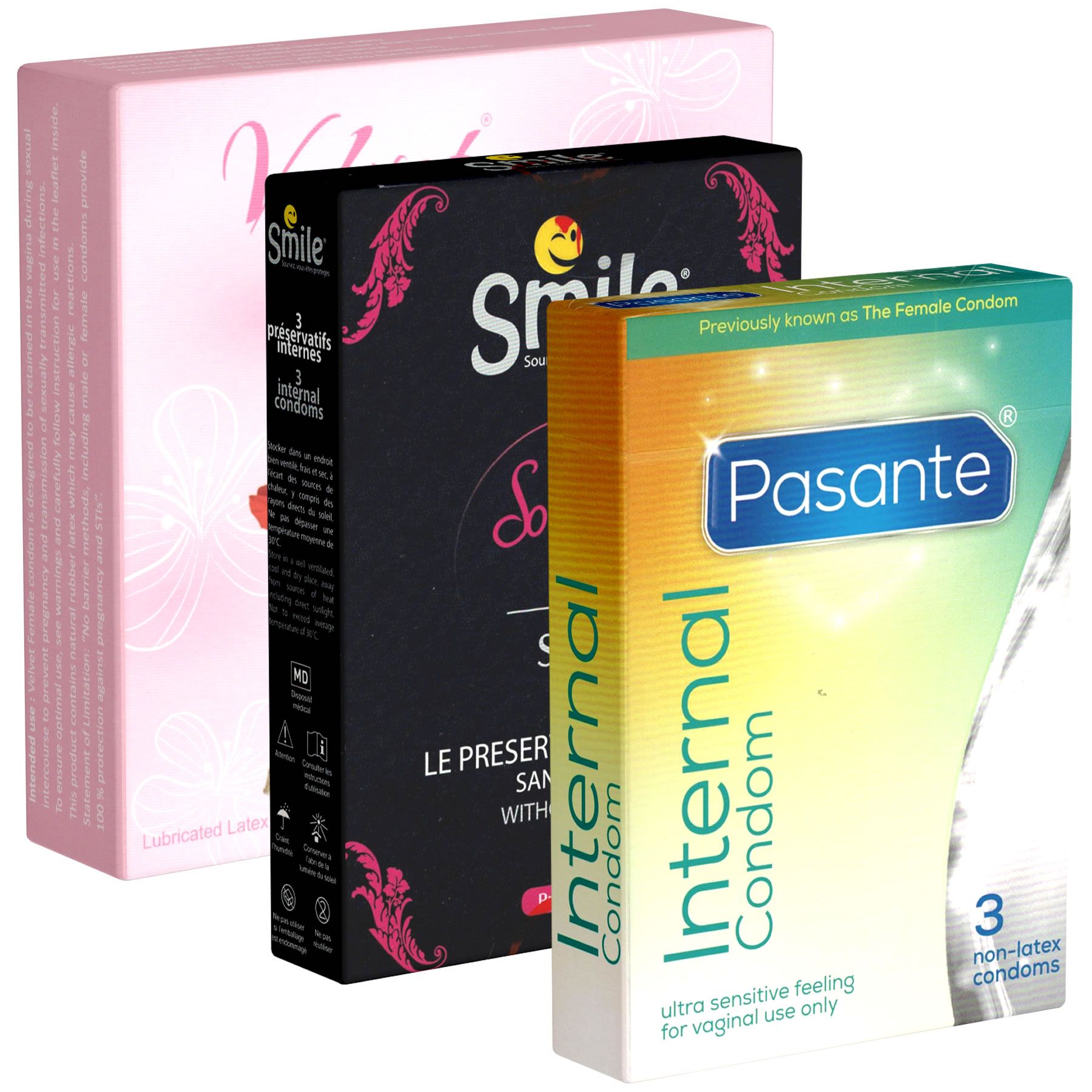 Drei Schachteln mit Kondomen. Marken: Smile, Pasante. Aufschrift: Internal Condom, 3 non-latex condoms. Rosa, schwarz und gelb-grün.