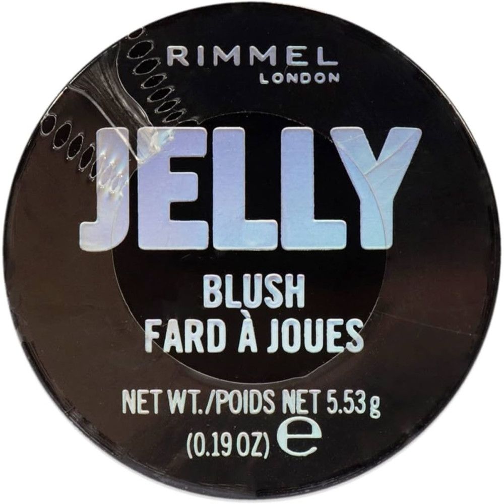 Runder, schwarzer Behälter mit "Jelly Blush Fard à Joues"-Aufschrift. Marke Rimmel London. Nettogewicht 5,53 g.