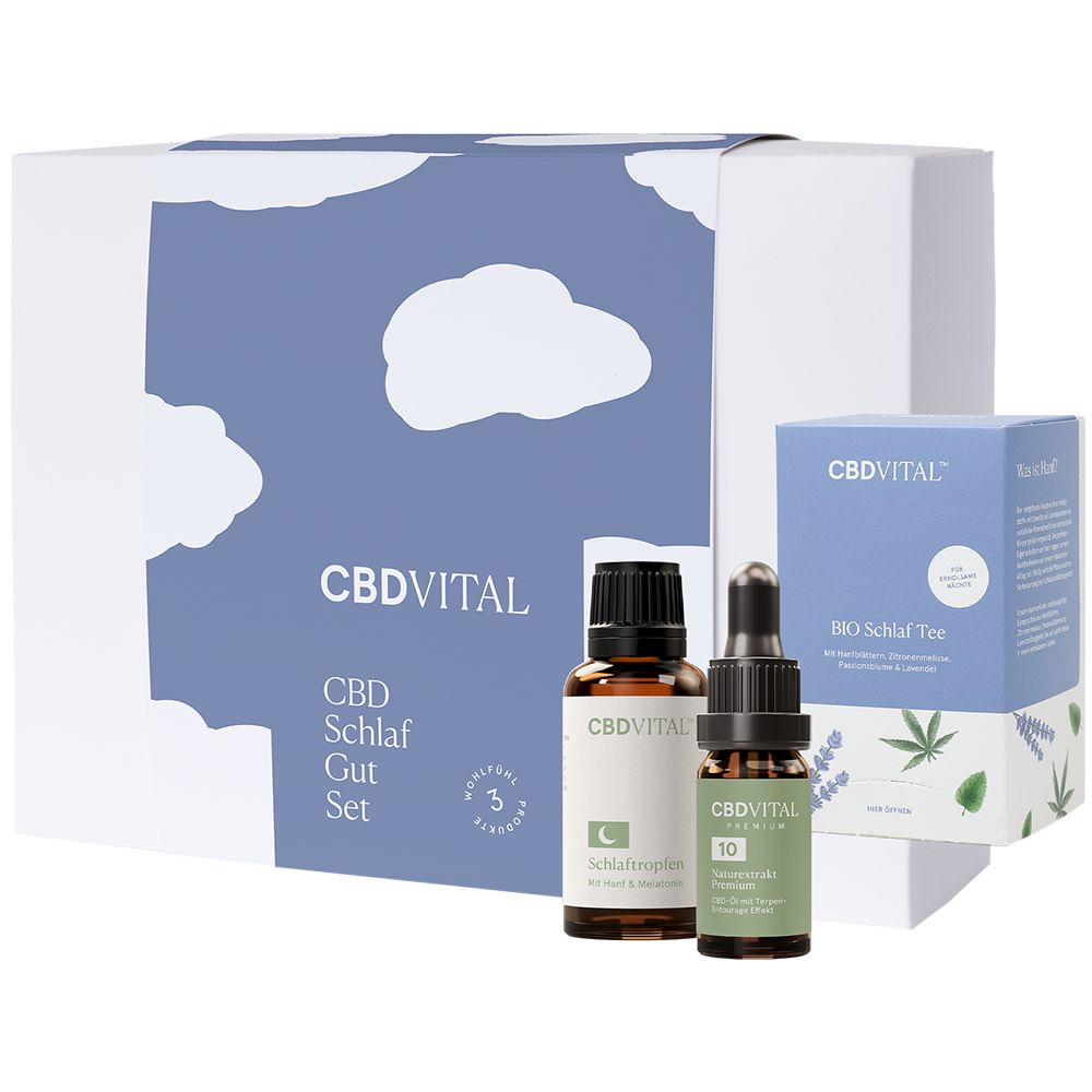 Geschenkset mit CBDVITAL-Logo. Enthält eine Schachtel mit Tropfen und Tee. Aufschrift: CBD Schlaf Gut Set.