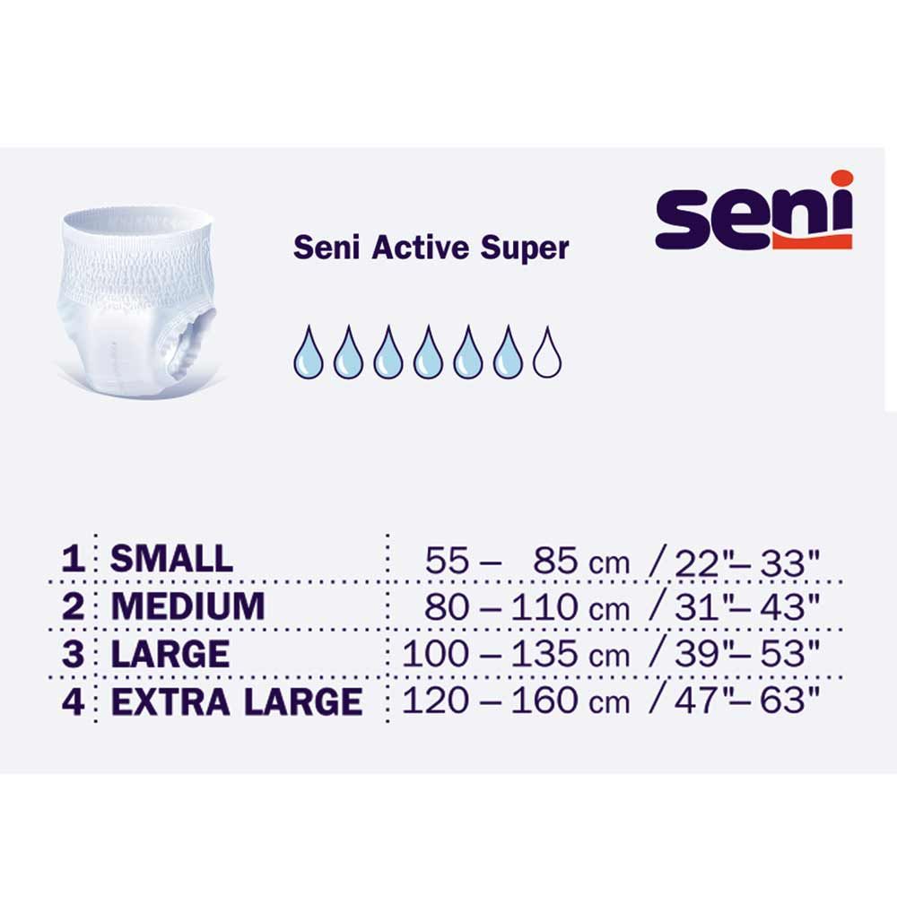 Produktinformationen: Seni Active Super, Größenübersicht, Tropfensymbol.