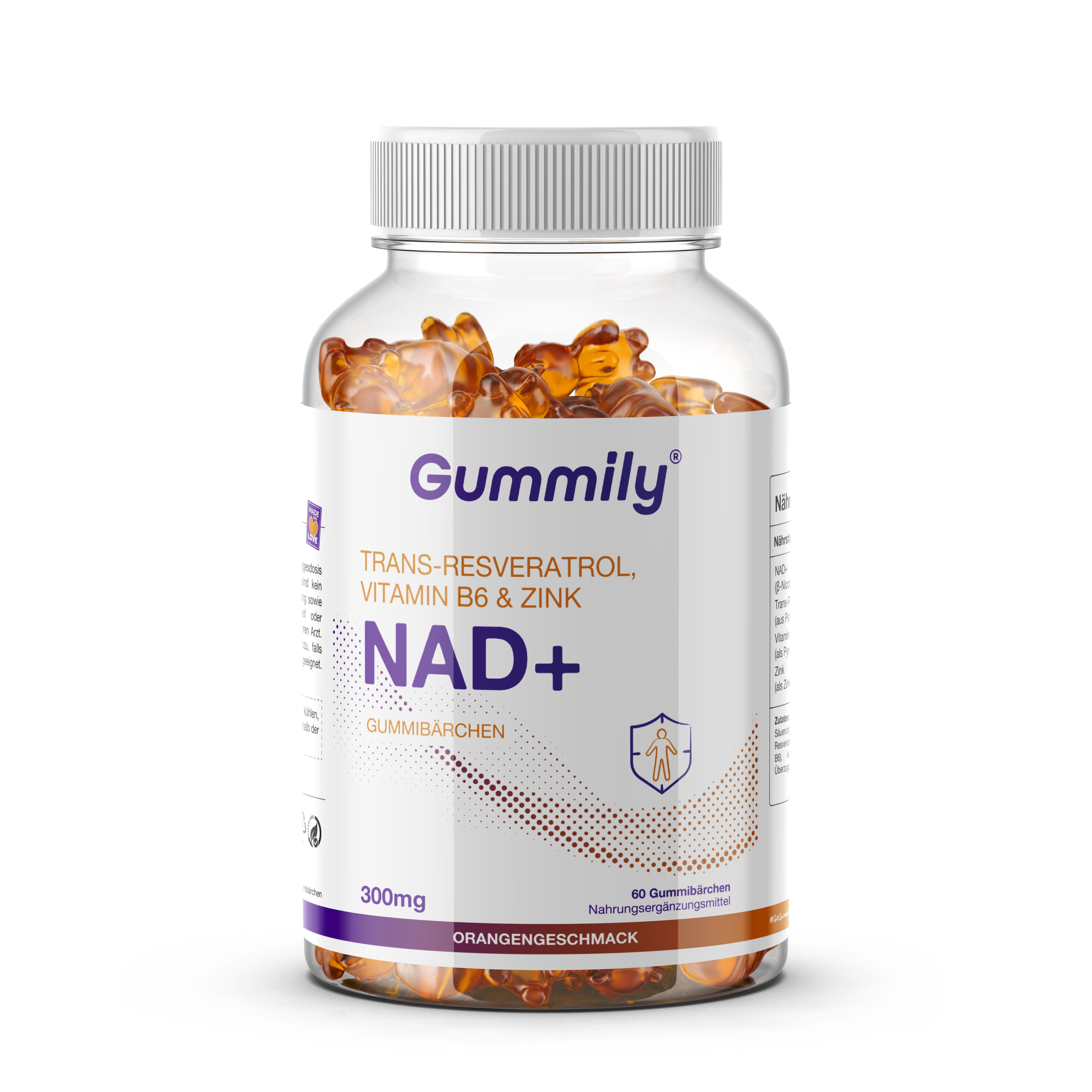 Gummibärchen-Flasche mit NAD+ Formel, Trans-Resveratrol, Vitamin B6 & Zink. Orangengeschmack.